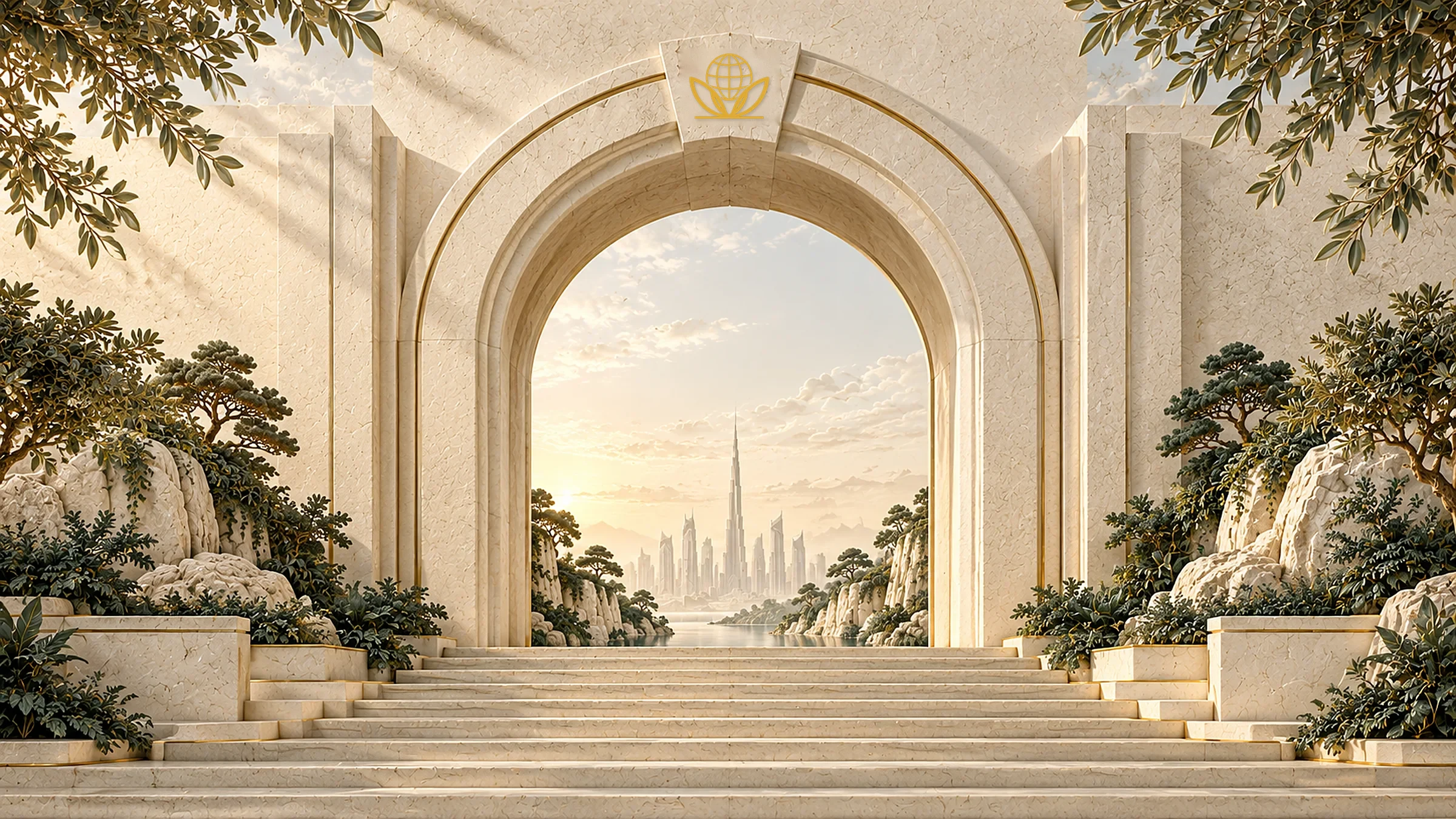A carved limestone gate with the RadheyShyam Group emblem, opening onto the Dubai skyline at dawn