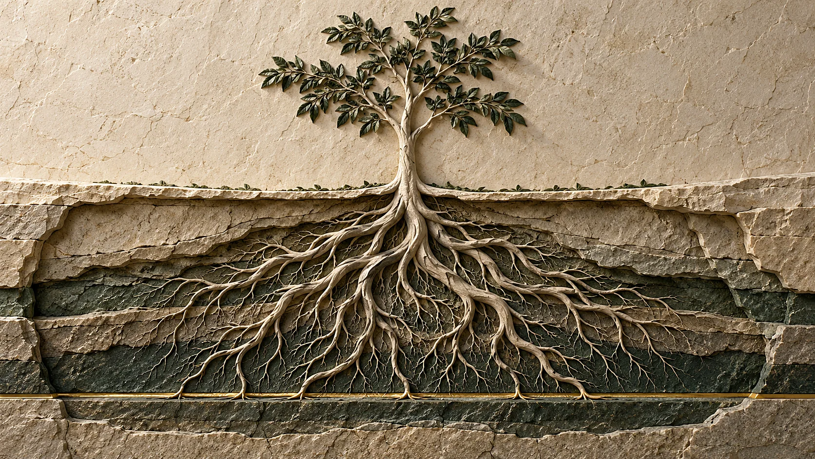 A young tree carved in stone, its roots spreading through layers of rock to a gold line below