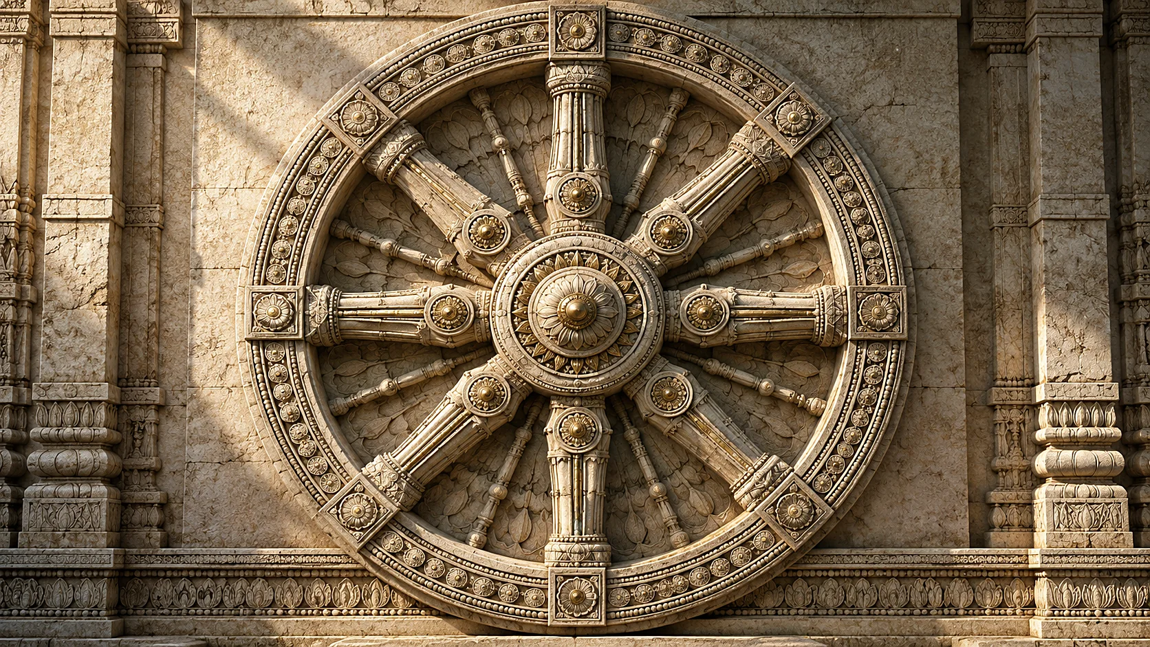 An ancient chariot wheel carved into a temple wall, lit by warm sunlight